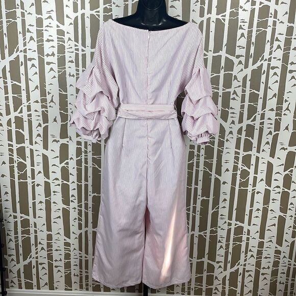 Red & White Striped Jumpsuit w Shirred Balloon Puff Sleeves sz S - Picture 2 of 10
